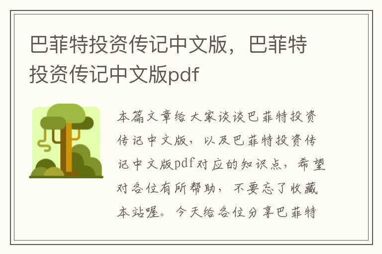 巴菲特投资传记中文版，巴菲特投资传记中文版pdf