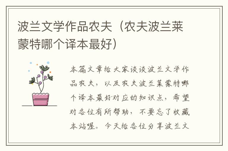 波兰文学作品农夫（农夫波兰莱蒙特哪个译本最好）